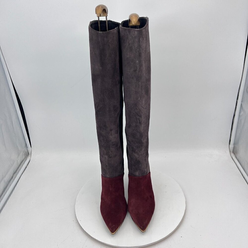 Tory Burch Lila 90mm Women Size 6M Burgundy Grey Black Suede Knee High Boots - Picture 3 of 15